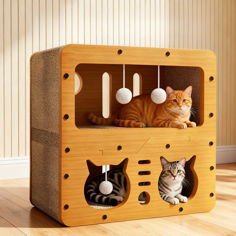 Three cats using the StayNear Cat Scratcher House at once — one on the open upper deck, two settled inside the lower cat-head doorways