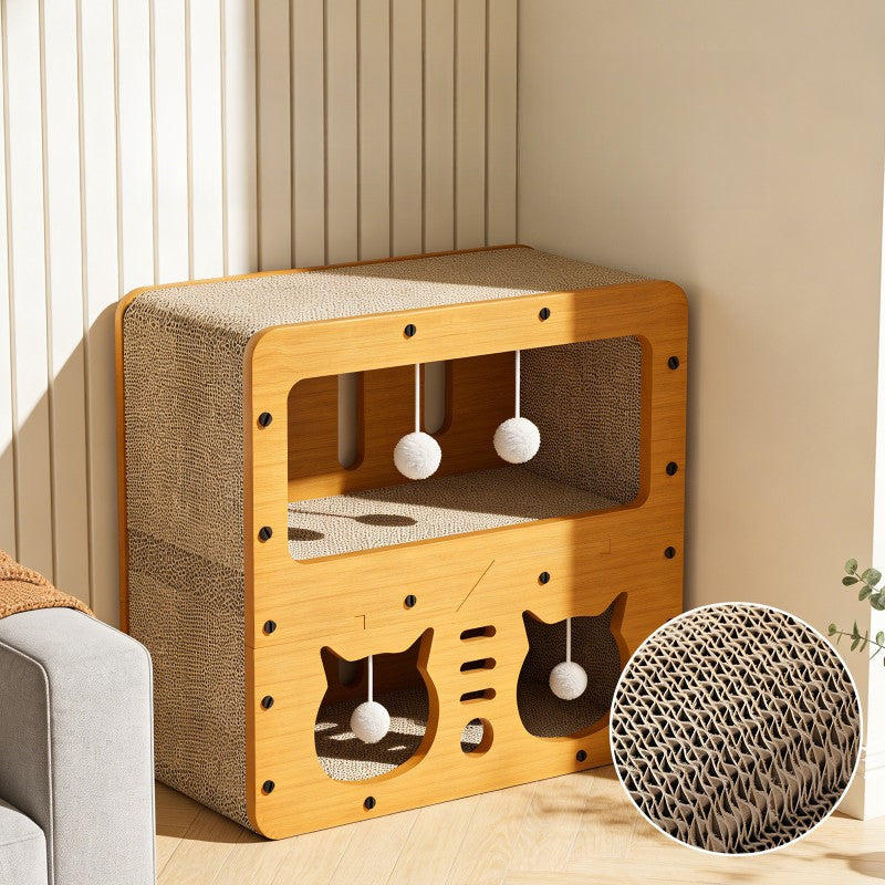 The Scratcher House with a close-up of the thickened corrugated cardboard scratching surface
