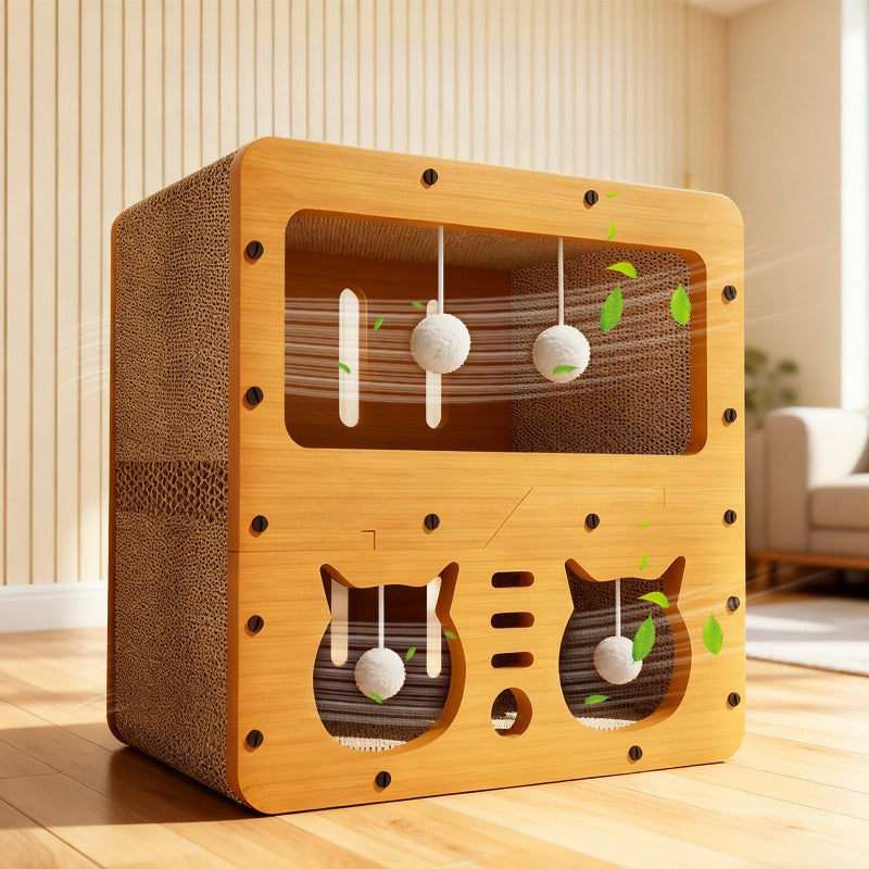 The StayNear Cat Scratcher House shown from the front — wood frame, corrugated panels, two cat-head doorways and four hanging teaser balls