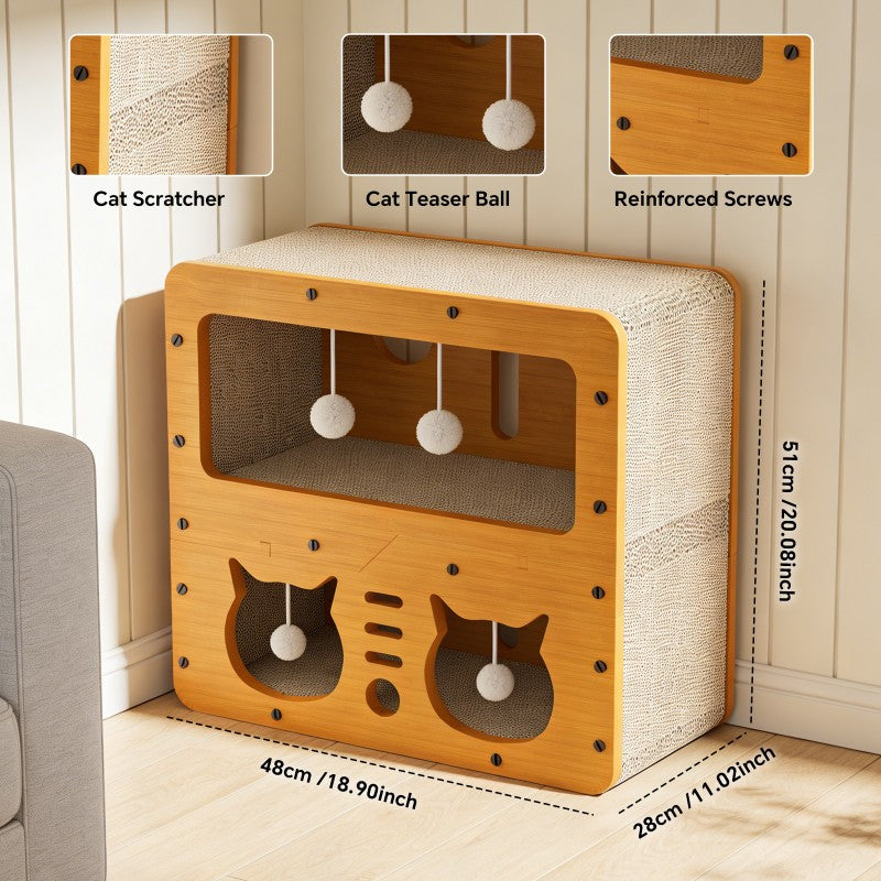 Dimensions of the StayNear Cat Scratcher House: 48 cm / 18.90 inches wide, 28 cm / 11.02 inches deep, 51 cm / 20.08 inches tall, with detail views of the scratcher, teaser balls and reinforced screws
